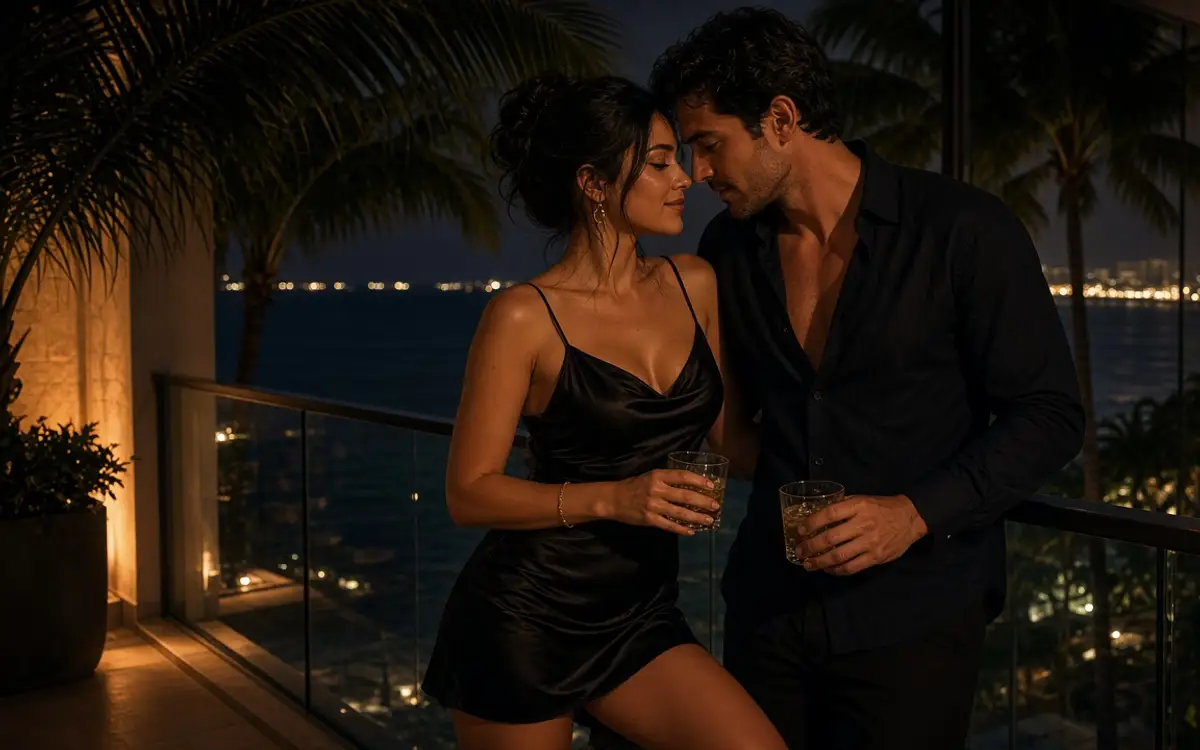 A dressed couple on a private balcony at night, palms and neon behind the glass.