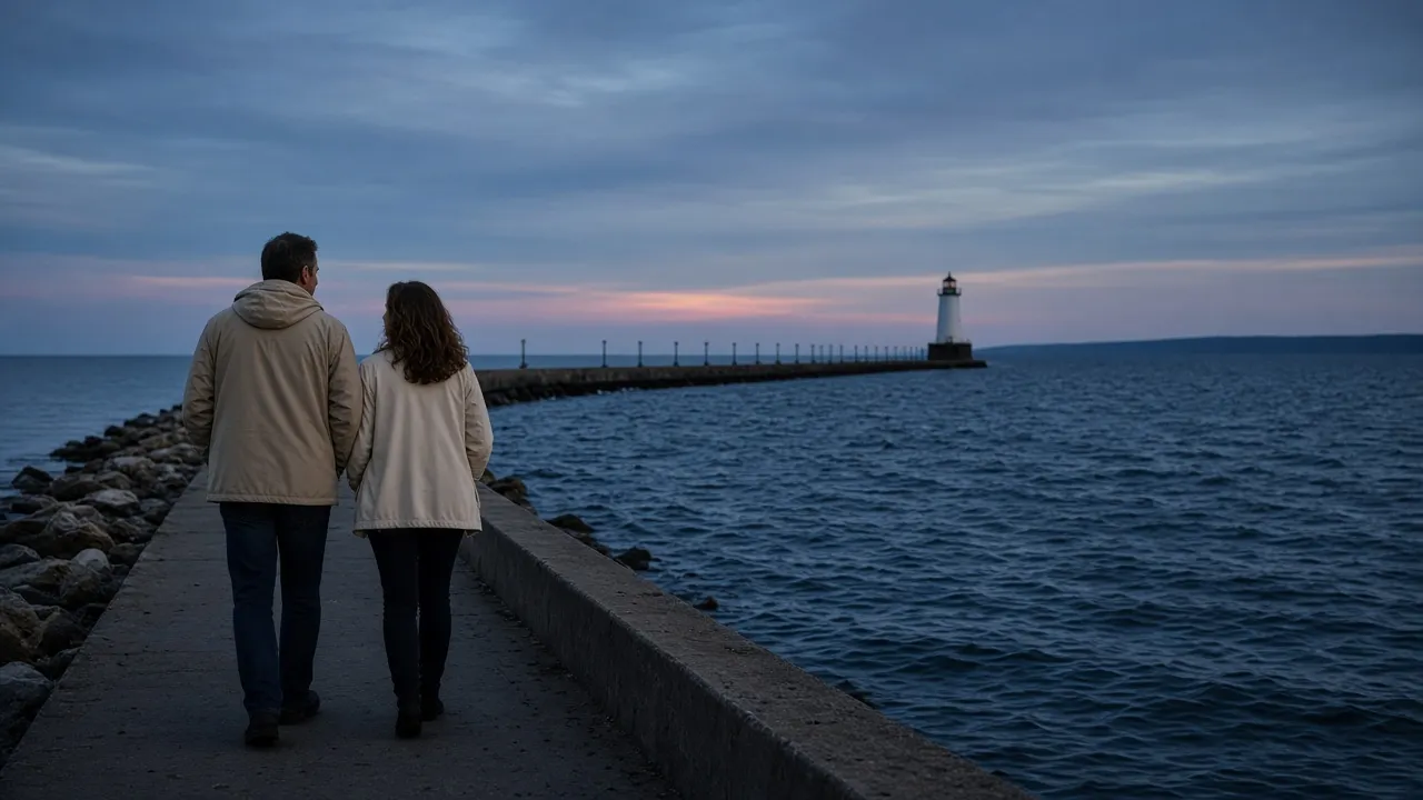 A dressed couple in light jackets on a harbor sidewalk at dusk, a lighthouse far down the pier, no signs.