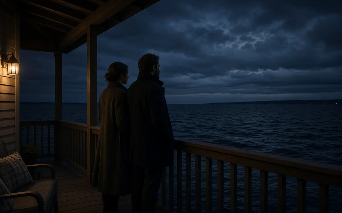 A dressed couple on a porch at night, a dark lake and a wide sky.