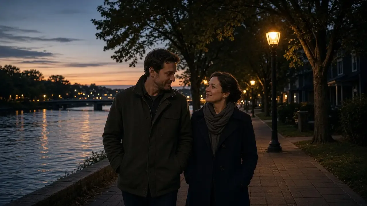 A dressed couple in jackets on a river-town sidewalk at dusk, low trees, no signs.