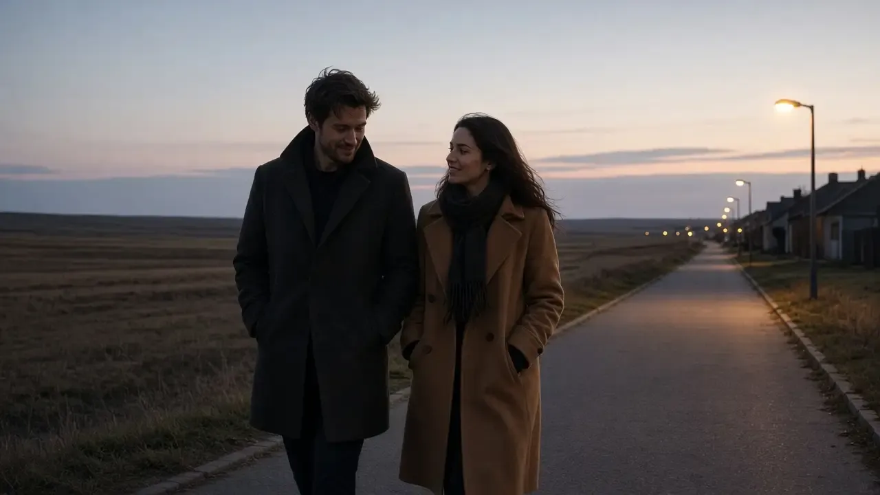 A dressed couple in heavy coats on a northern-plains sidewalk at dusk, a pale sky, no signs.