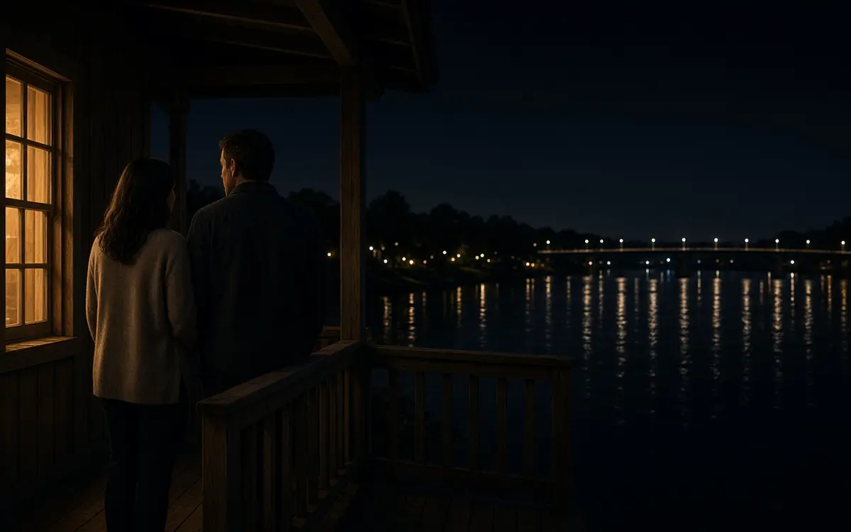 A dressed couple on a porch at night, a dark river and a distant bridge.