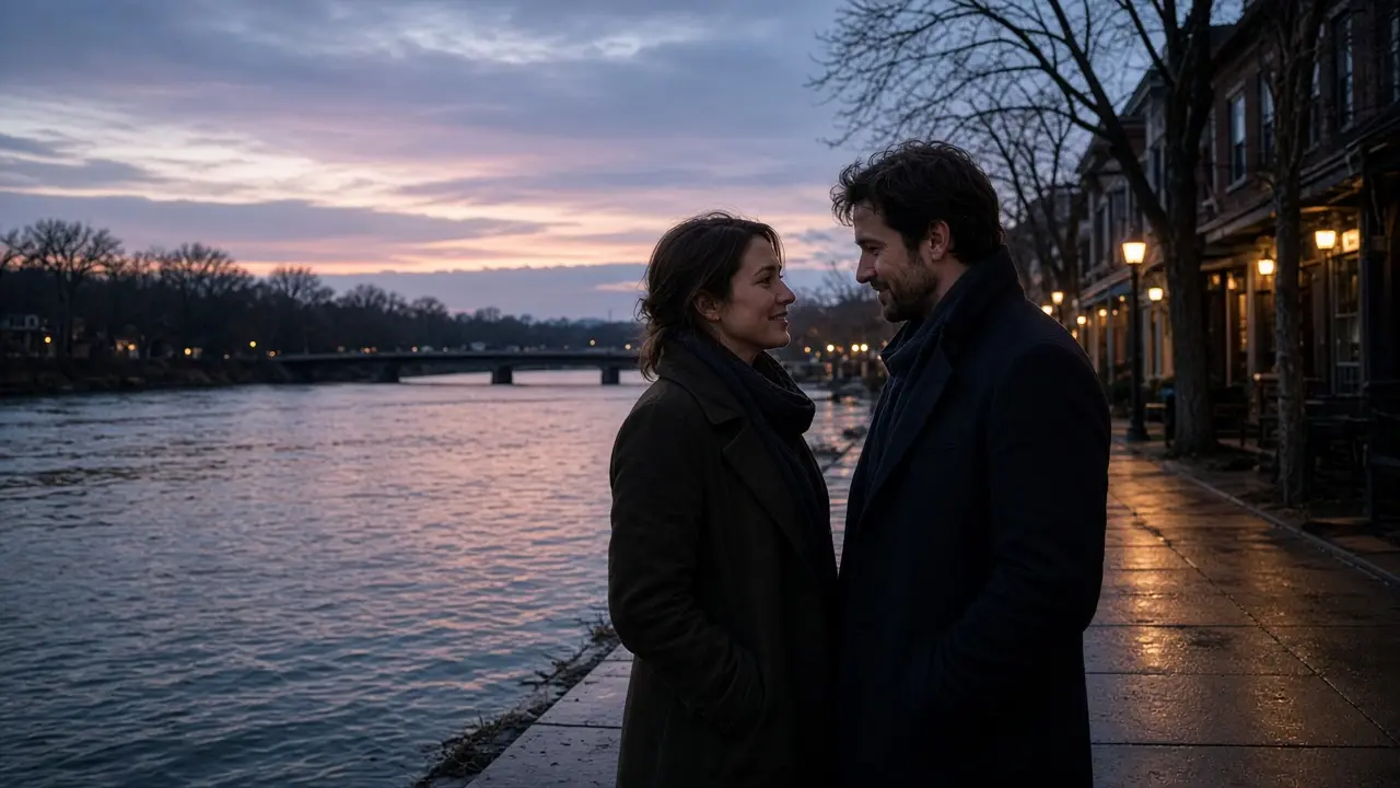 A dressed couple on a river-town sidewalk at dusk, no signs.