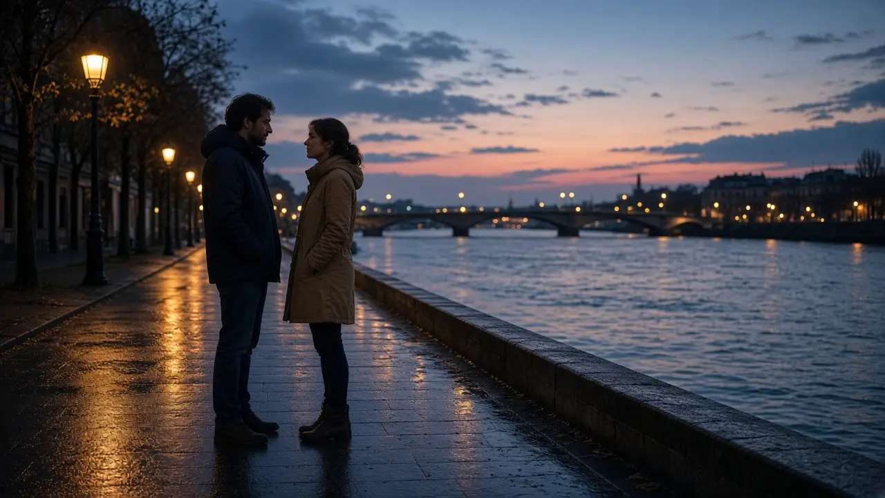 A dressed couple in jackets on a quiet riverfront walk at dusk, a low bridge beyond.