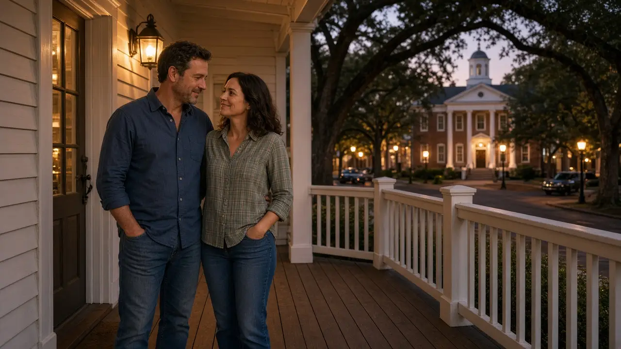 A dressed couple on a brick walk at dusk, oaks and a white capitol.