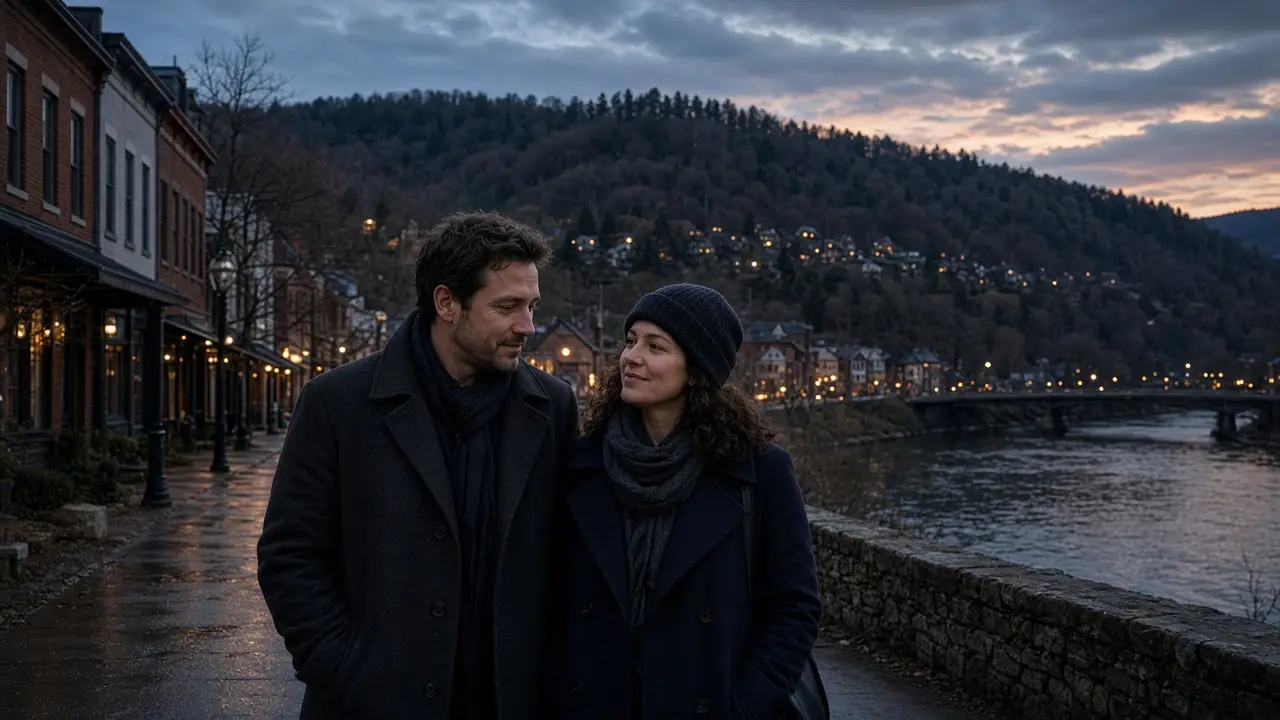 A dressed couple in coats on a river-town sidewalk at dusk, hills behind.