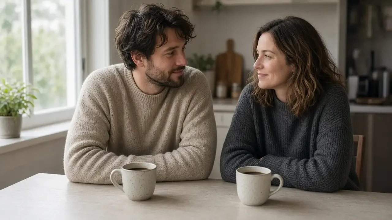 A dressed couple at a kitchen table in the morning, coffee cups and a quiet window.