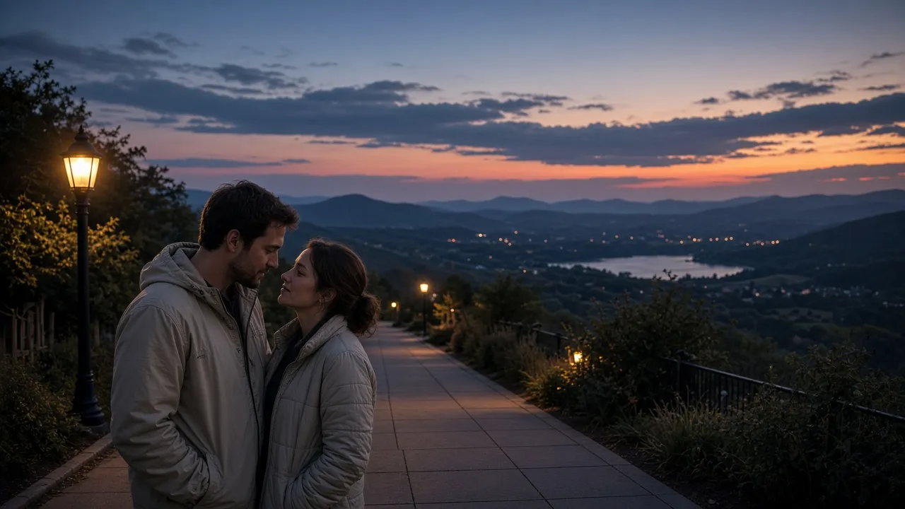 A dressed couple in light jackets on a valley sidewalk at dusk, low ridges behind, no signs.