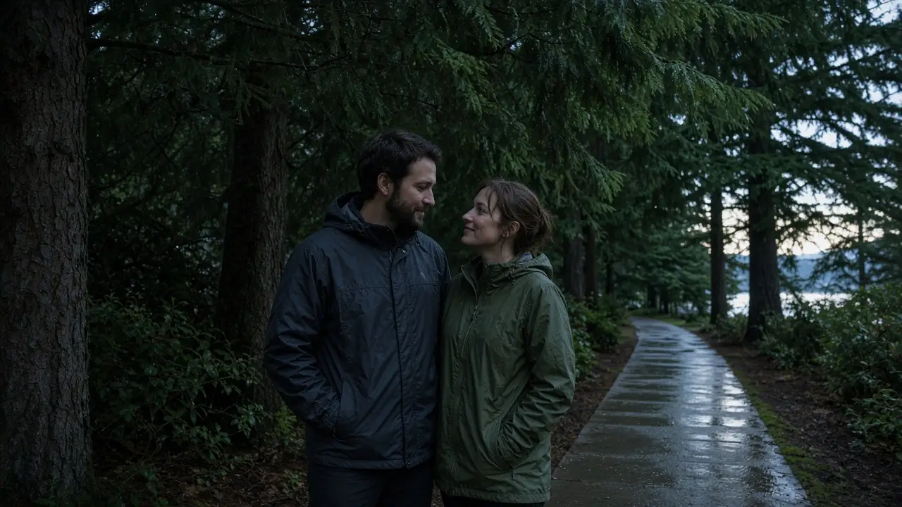 A dressed couple in rain jackets under evergreens at dusk, no signs.