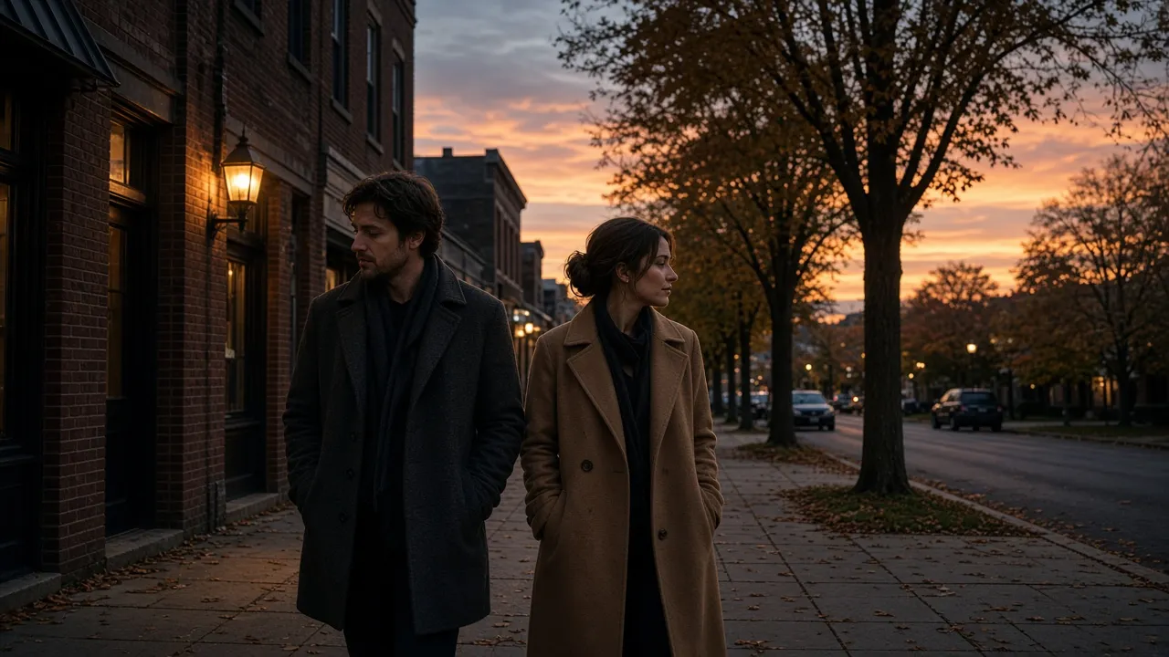 A dressed couple in wool coats on a college-town sidewalk at dusk, brick storefronts, no signs.