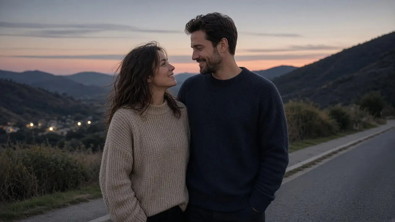 A dressed couple in sweaters on a valley sidewalk at dusk, hills behind.