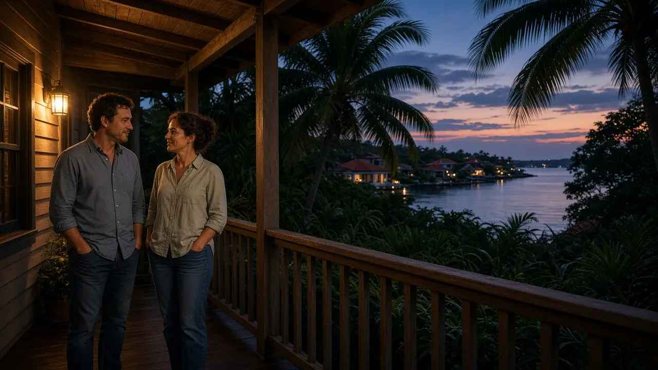 A dressed couple on a porch at dusk, palms, a gulf, and low red roofs.