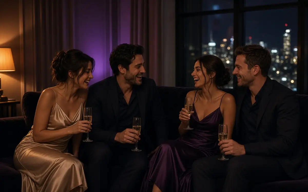 Two dressed couples on a velvet sofa in a private lounge, city lights outside.