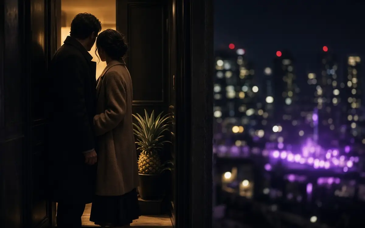A couple in evening coats at a private city doorway, pineapple just inside.