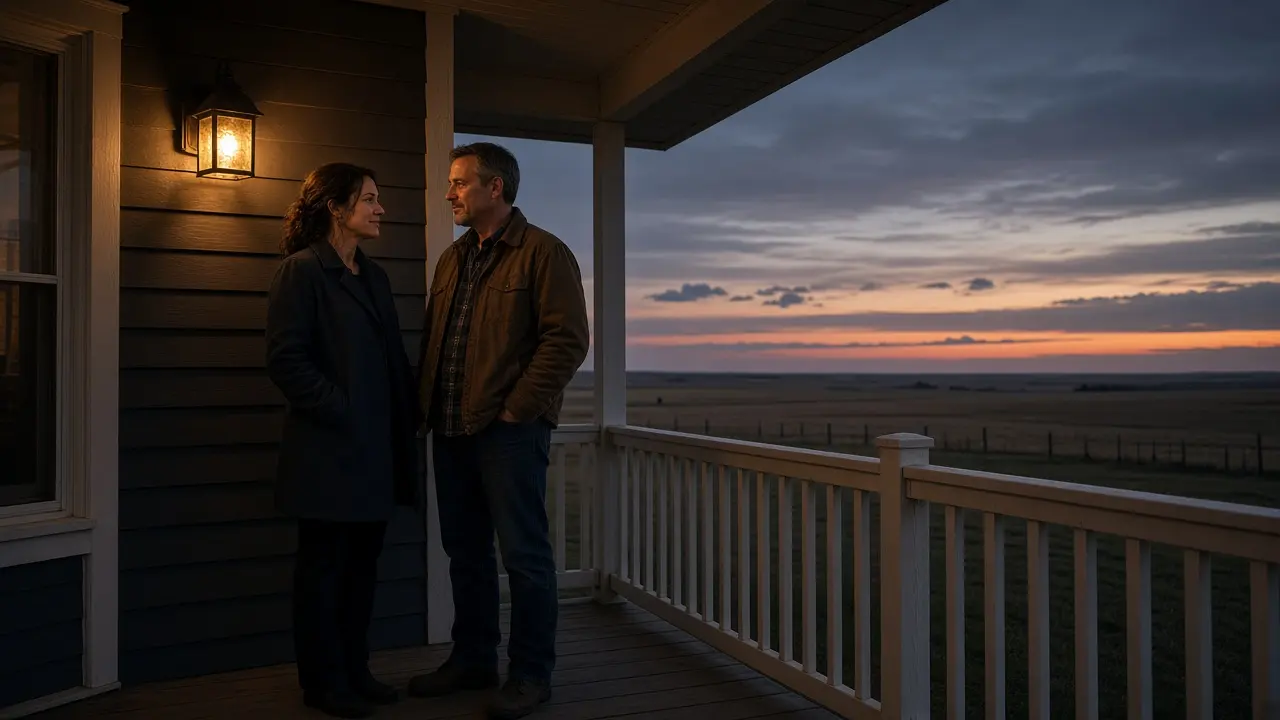 A dressed couple on a porch at night, a prairie dusk and a warm lamp.