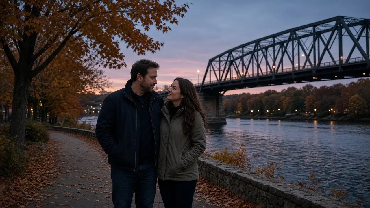 A dressed couple in jackets on a riverwalk by a bridge at dusk, no signs.