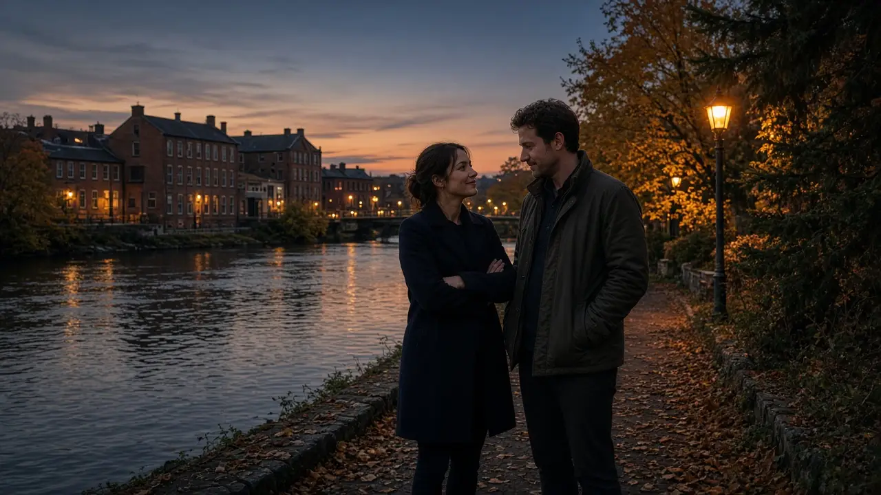 A dressed couple beside a river at dusk, brick mill buildings and warm lamps.