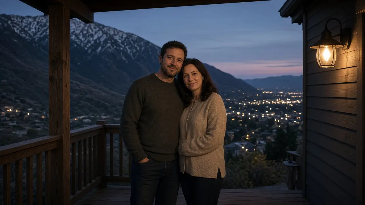 A dressed couple on a porch at dusk, a mountain bench and a warm lamp.