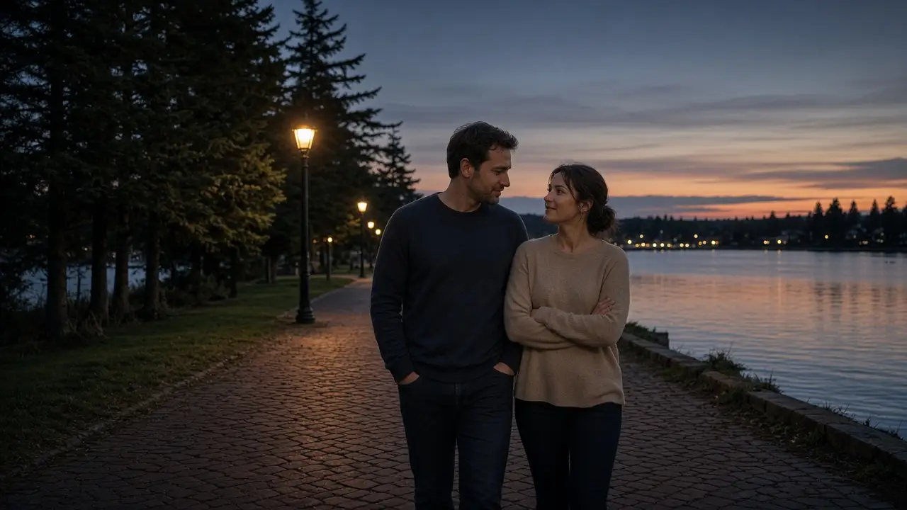 A dressed couple on a brick waterfront path at dusk, evergreen trees and calm water.