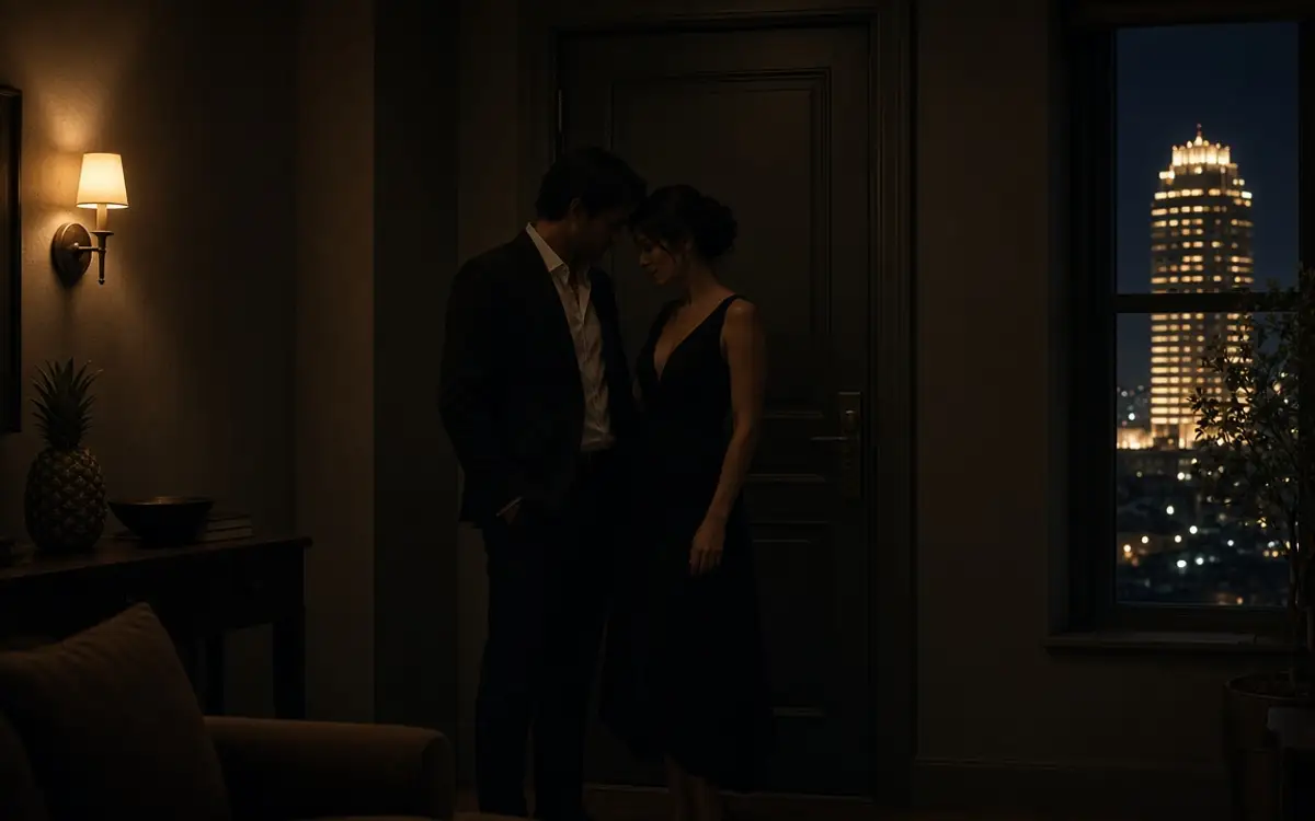 A dressed couple in a private living room at night, with a hotel tower glowing outside.