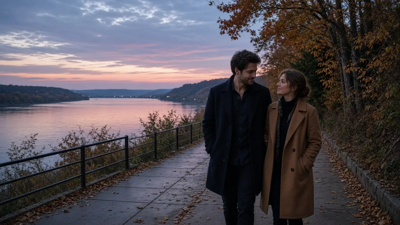A dressed couple in coats on a river-town sidewalk at dusk, a wide river, no signs.