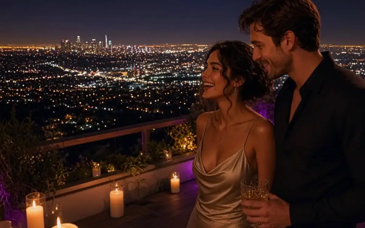 A dressed couple on a Los Angeles deck at night, city lights spread out below.