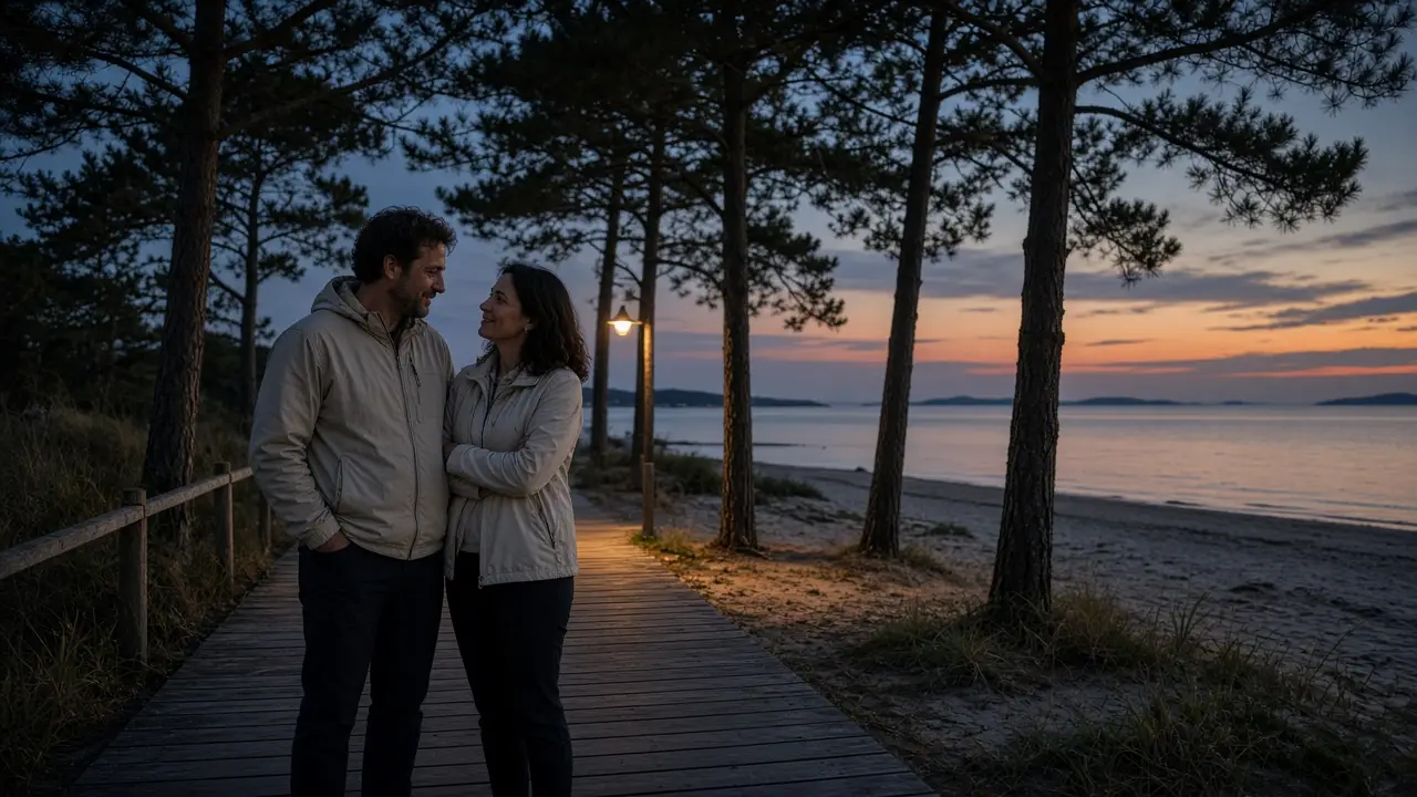 A dressed couple in light jackets on a pine shaded boardwalk at dusk by still water.