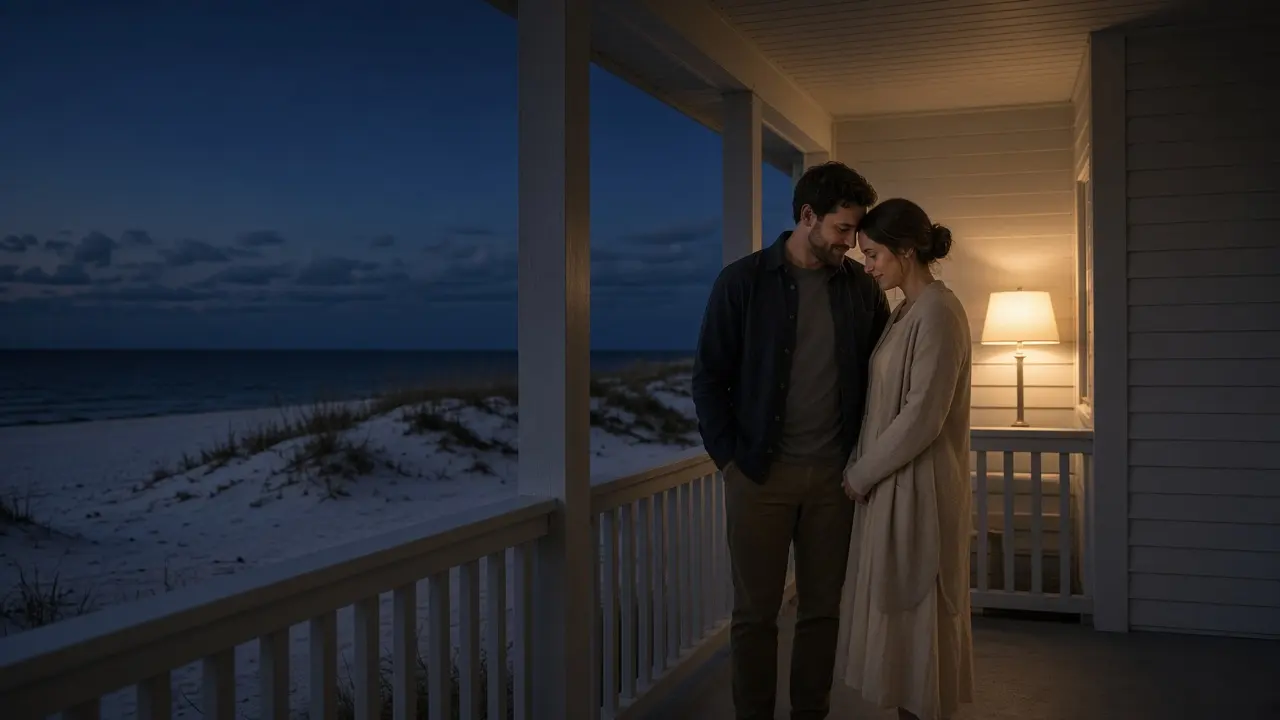 A dressed couple on a porch at night, a white sand dusk and a warm lamp.
