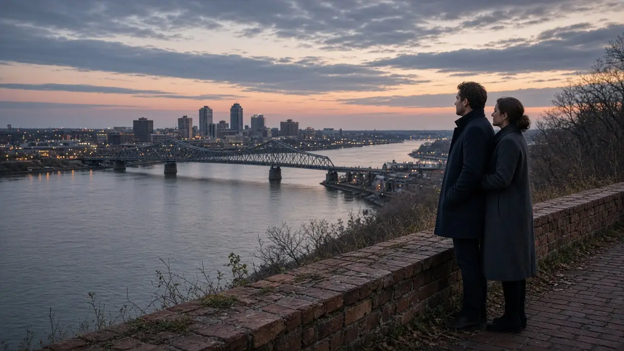 A dressed couple on a brick bluff at dusk, a river and a steel bridge.