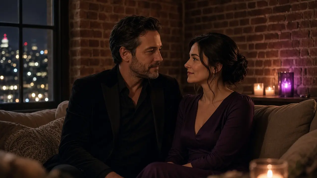 A dressed couple in a Philadelphia rowhouse at night, city lights beyond the window.