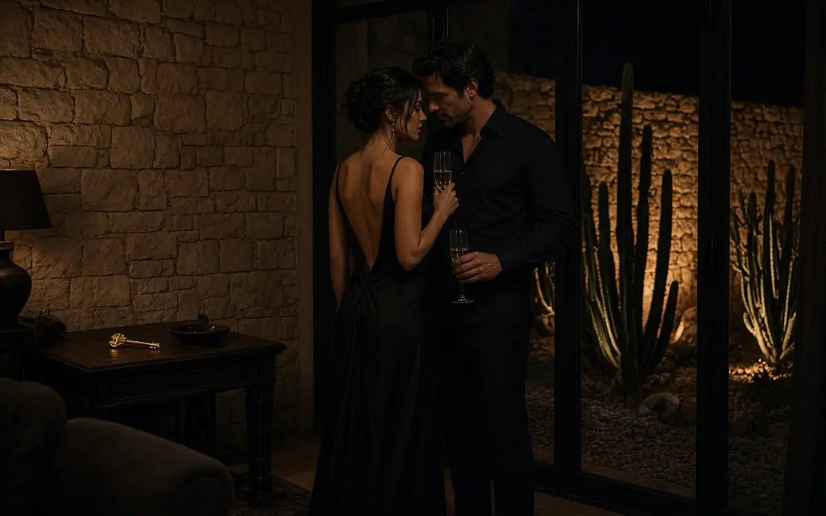 A dressed couple with champagne in a desert house, cactus garden beyond the glass.