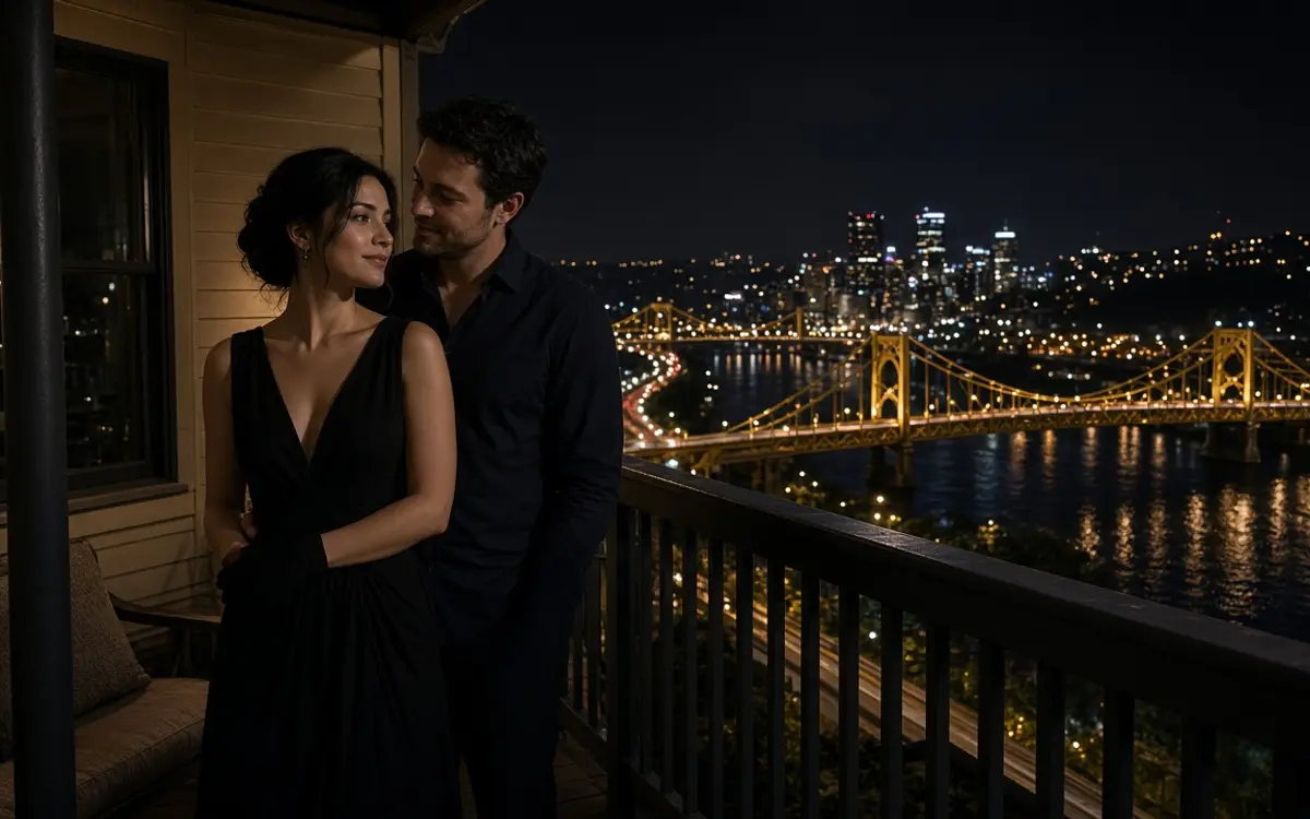 A dressed couple on a hillside porch at night, yellow bridges lit over the river.