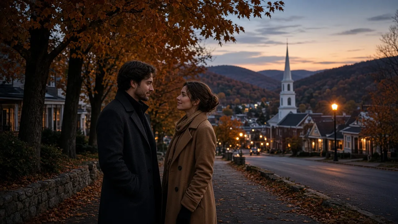 A dressed couple in wool coats on a Berkshire sidewalk at dusk, hills behind, no signs.