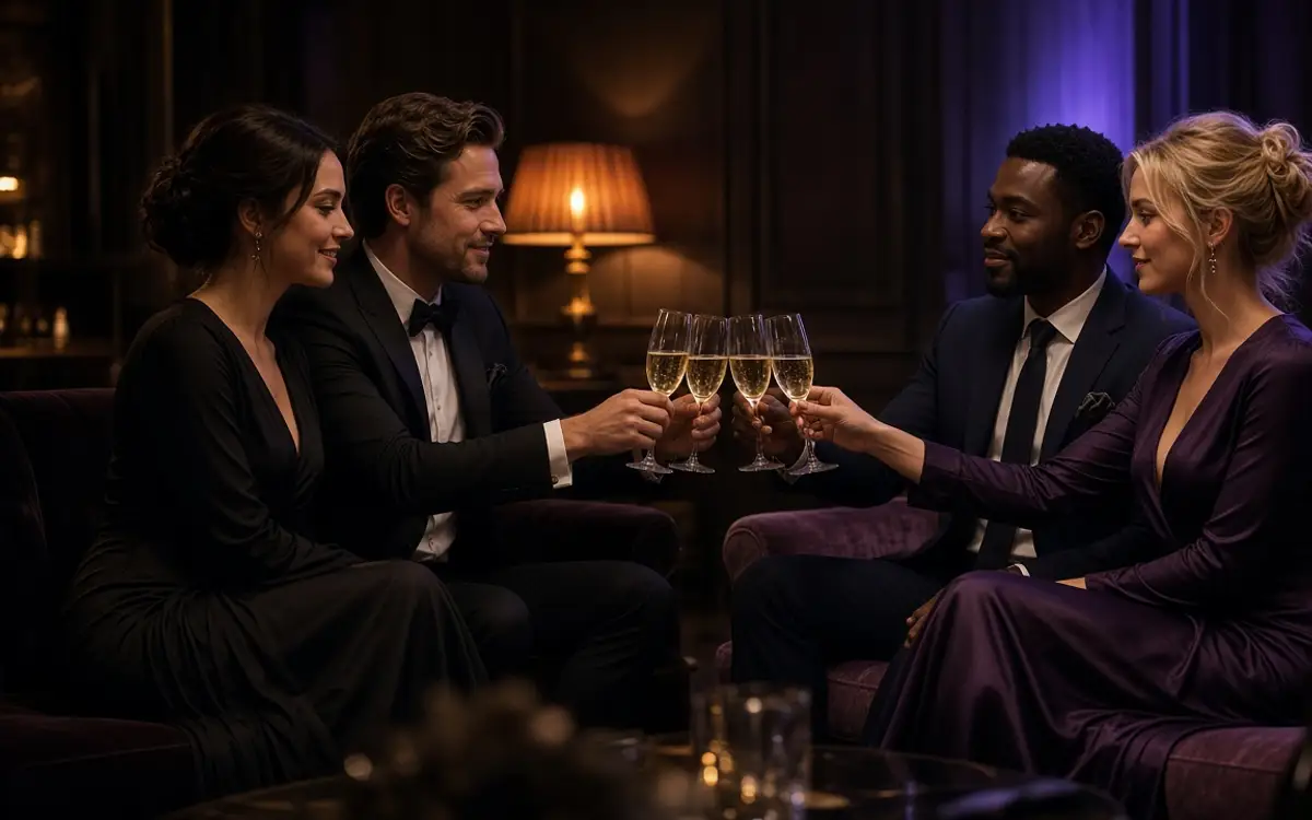 Two dressed couples toasting in a dim lounge.