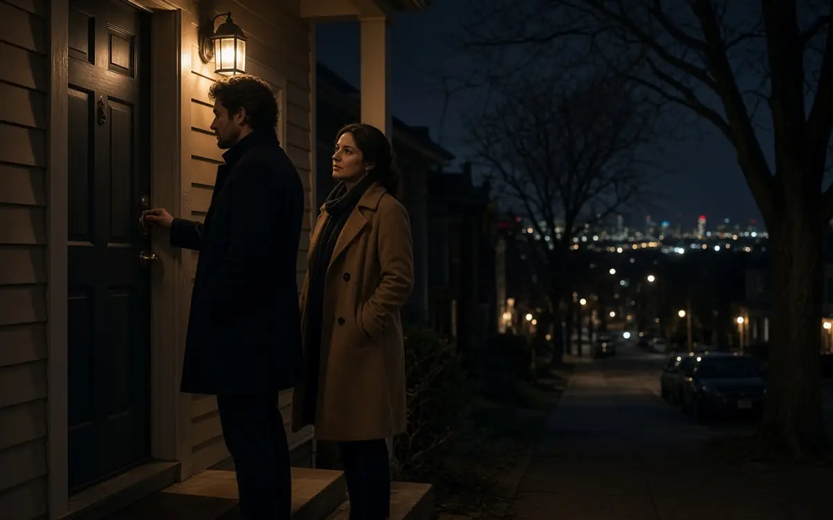 A dressed couple in coats on a front step at night, a warm porch light.