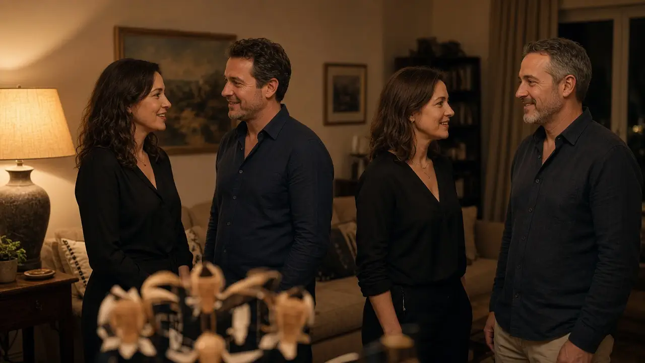 Dressed adults talking in a lamp-lit living room at night.