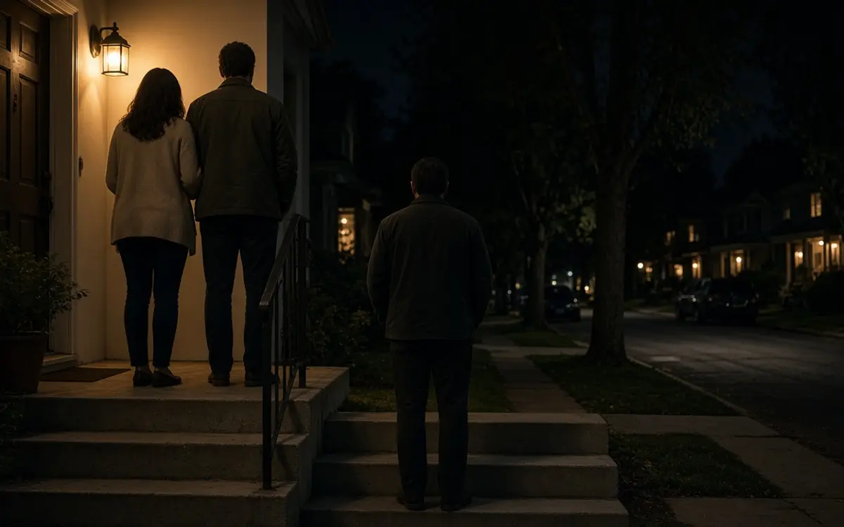 A dressed couple on a front step at night, one extra guest waiting a step below.