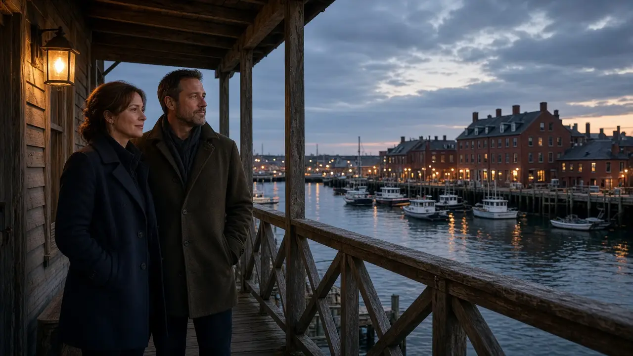 A dressed couple on a porch at dusk, a Maine harbor and a warm lamp.