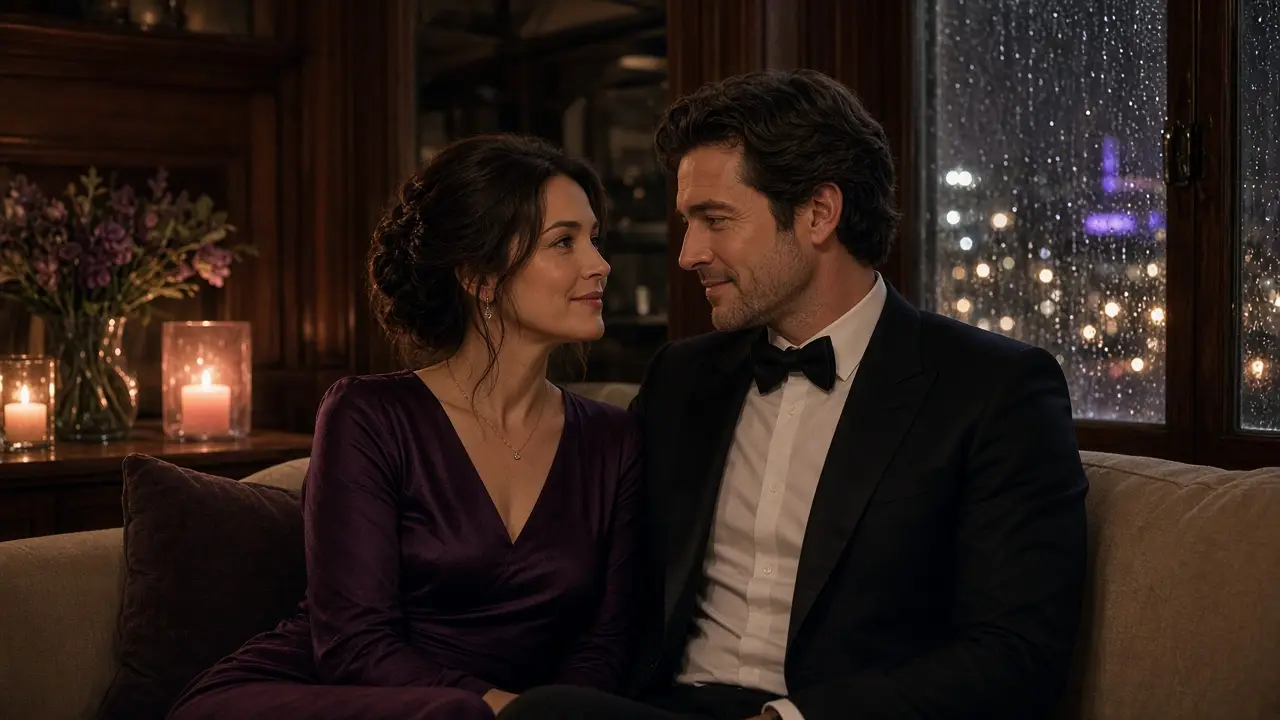 A dressed couple in a Portland living room at night, city lights beyond the window.