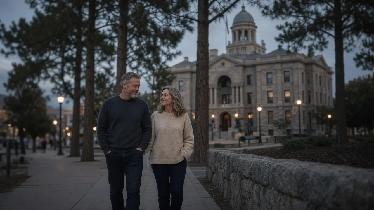 A dressed couple on a pine-lined sidewalk at dusk in a high-country town.