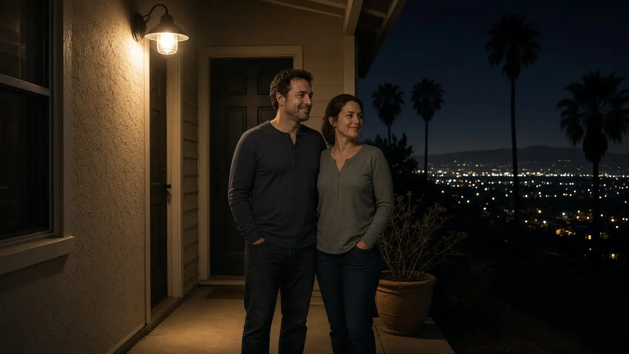 A dressed couple on a porch at night, inland palms and a warm lamp.