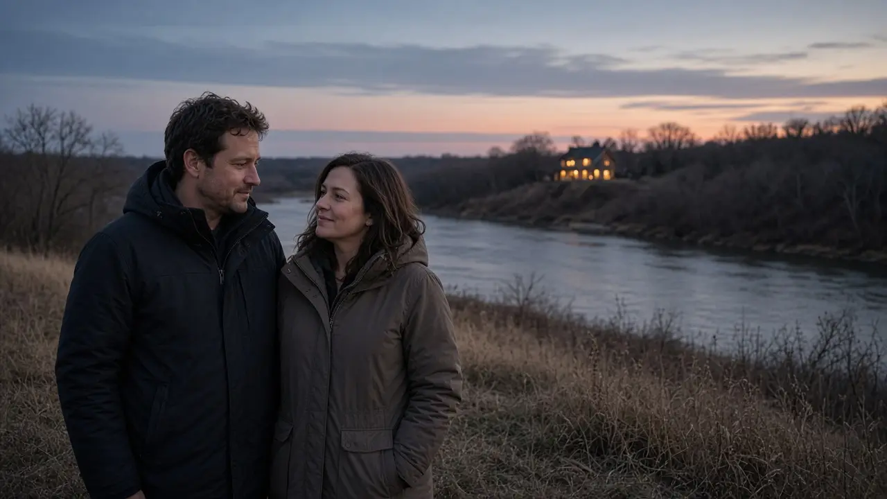 A dressed couple in coats on a bluff above a river at dusk, no signs.