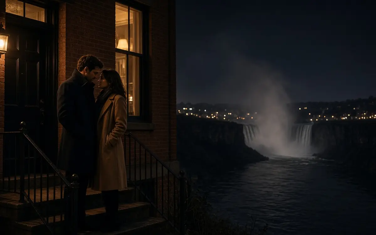 A dressed couple on a brick stoop at night, a river gorge and warm windows.