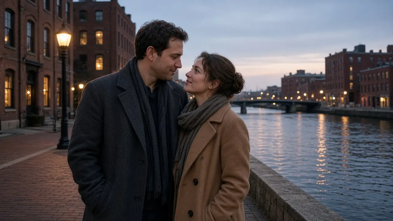 A dressed couple beside a downtown river at dusk, brick walls and a warm lamp.