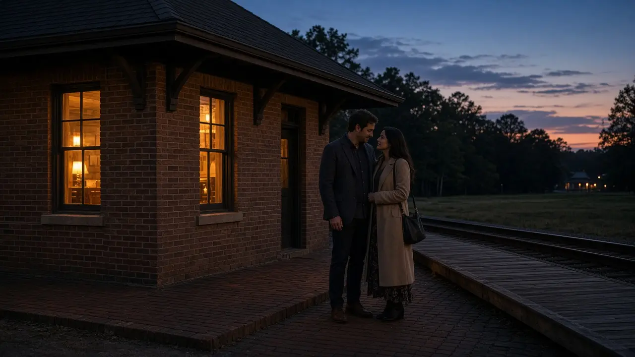 A dressed couple beside a small brick depot at dusk, no signs.