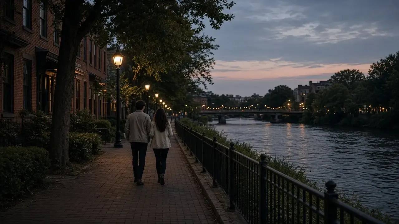 A dressed couple in light jackets on a downtown sidewalk at dusk, trees and brick, no signs.