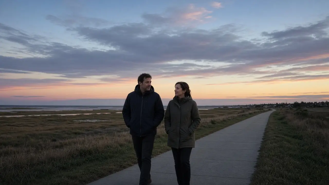 A dressed couple in jackets on a coastal-plain sidewalk at dusk, no signs.
