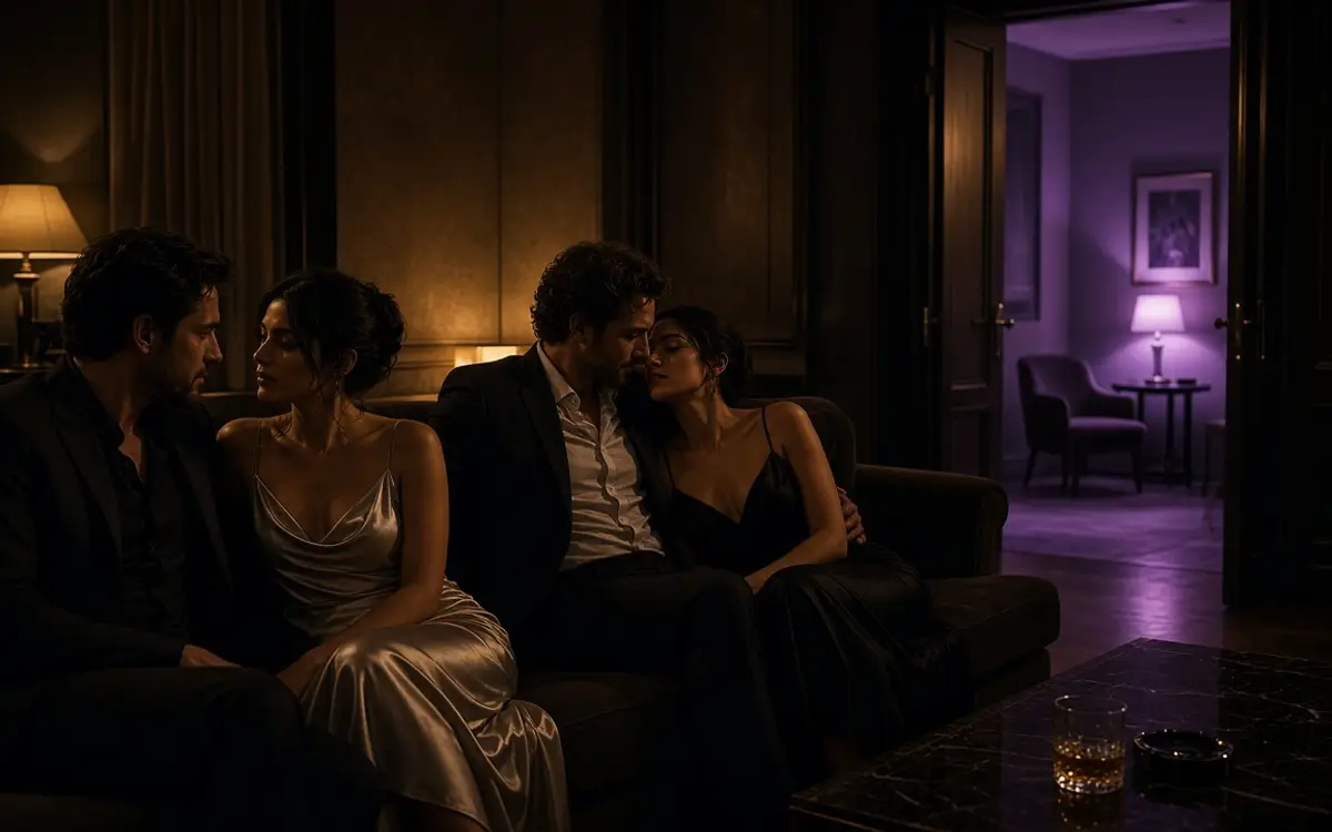 Dressed couples in one lounge, with a second room still in sight through an open door.