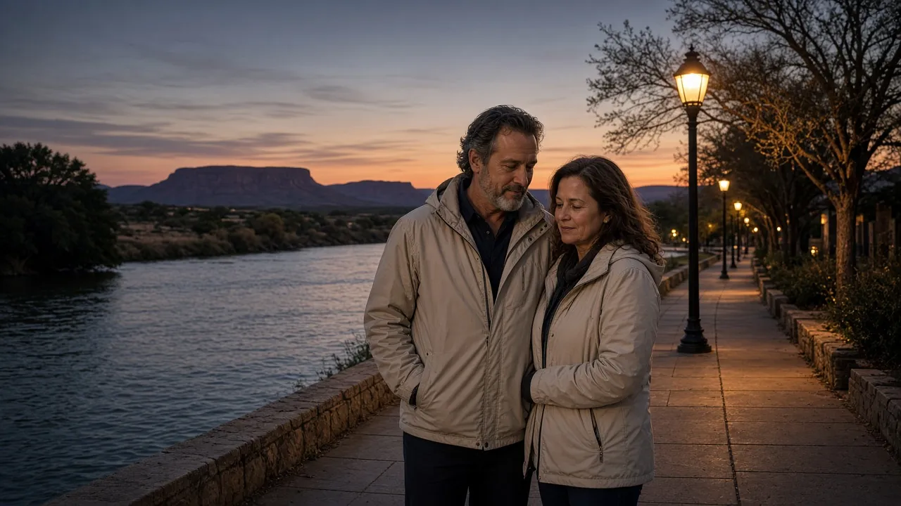 A dressed couple in light jackets on a west Texas sidewalk at dusk, low mesas far off.