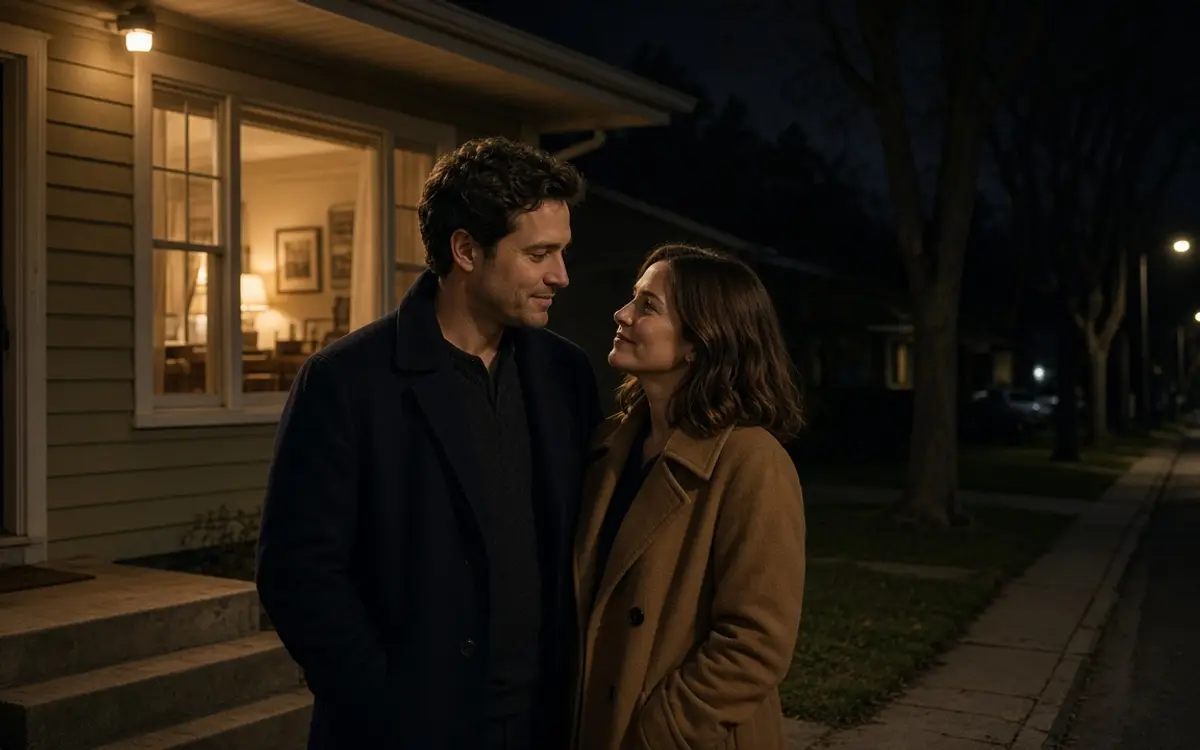 A dressed couple on a front step at night, warm windows and a quiet suburban street.